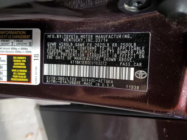 4T1BK1EB0EU103272 - 2014 TOYOTA AVALON BASE 勃艮第红 照片 12