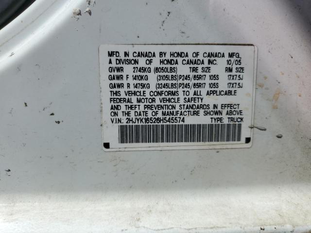 2HJYK16526H545574 - 2006 HONDA RIDGELINE RTL WHITE photo 12