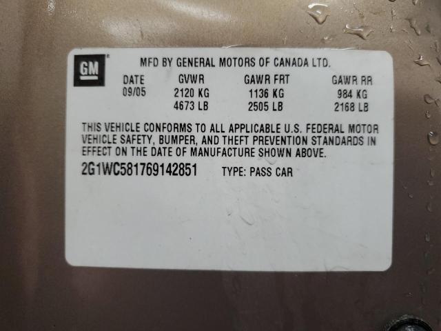 2G1WC581769142851 - 2006 CHEVROLET IMPALA LT TAN photo 12