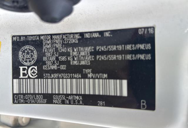 5TDJKRFH7GS311464 - 2016 TOYOTA HIGHLANDER XLE თეთრი ფოტო 10