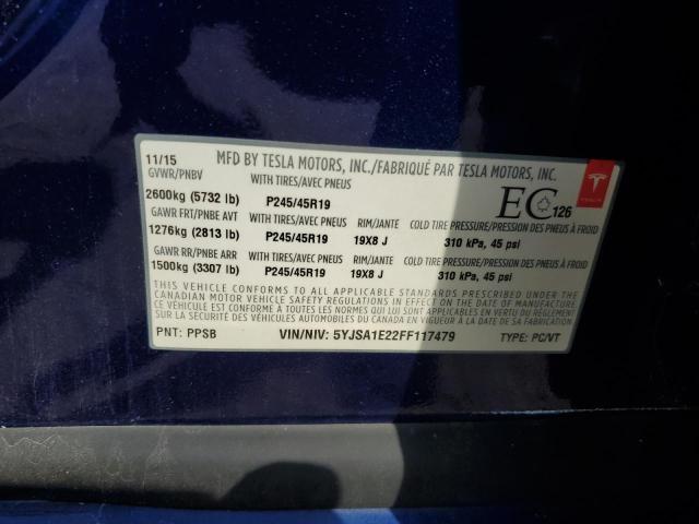 5YJSA1E22FF117479 - 2015 TESLA MODEL S BLUE photo 13
