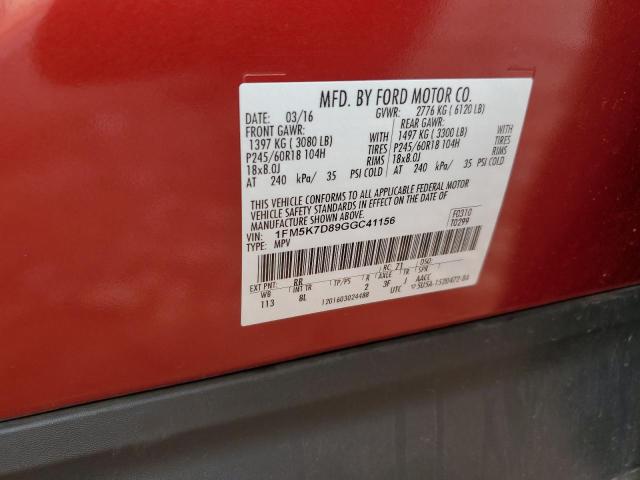 1FM5K7D89GGC41156 - 2016 FORD EXPLORER XLT RED photo 13