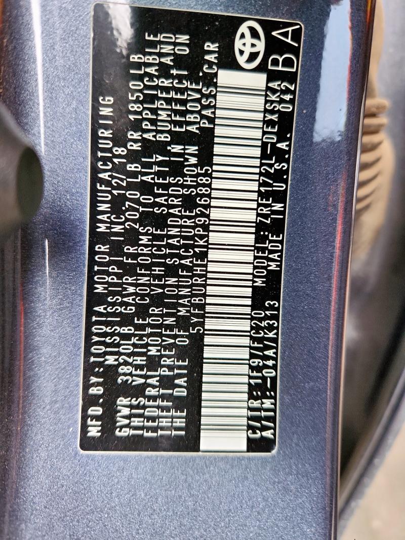 5YFBURHE1KP926885 - 2019 TOYOTA COROLLA L GRAY photo 13