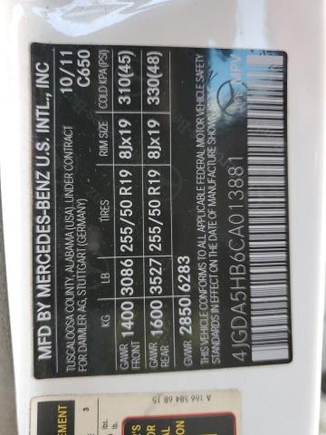 4JGDA5HB6CA013881 - 2012 MERCEDES-BENZ ML 350 4MATIC WHITE photo 14