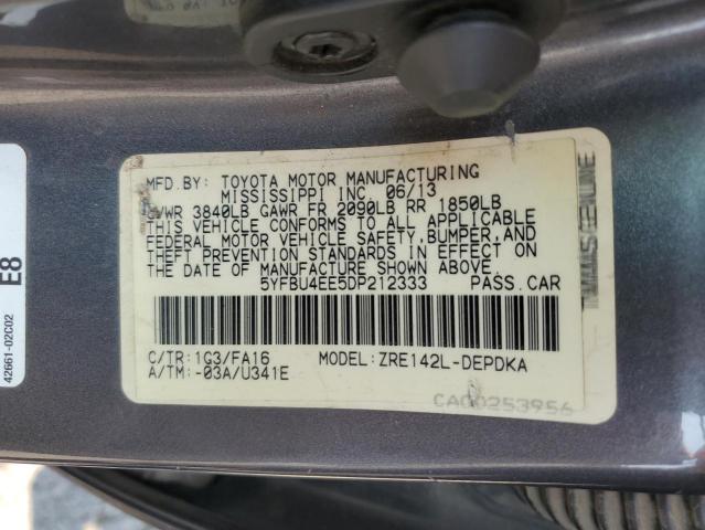 5YFBU4EE5DP212333 - 2013 TOYOTA COROLLA BASE Մոխրագույն լուսանկար 12