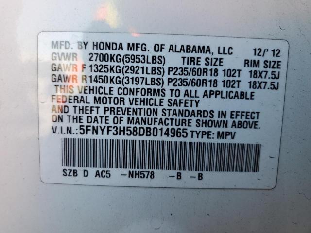5FNYF3H58DB014965 - 2013 HONDA PILOT EXL WHITE photo 13