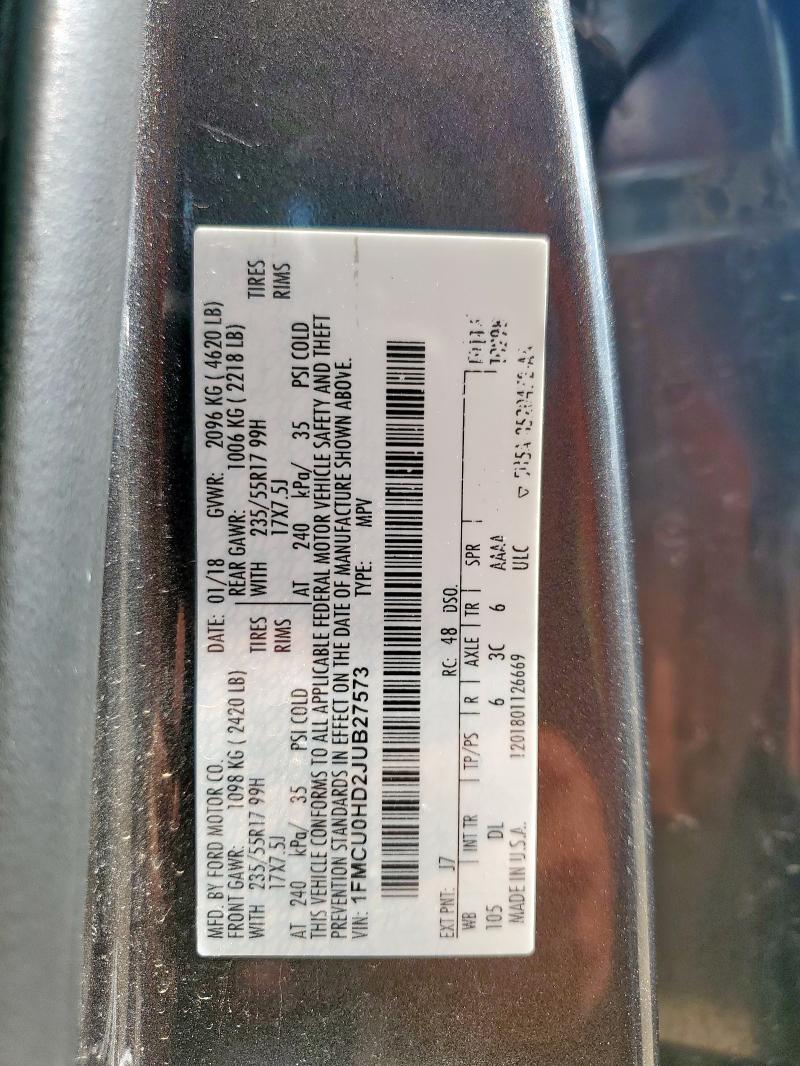 1FMCU0HD2JUB27573 - 2018 FORD ESCAPE SEL GRAY photo 13