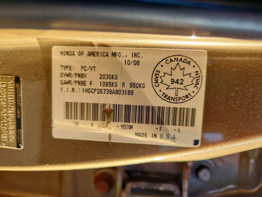 1HGCP26739A803189 - 2009 HONDA ACCORD EX 金色 照片 12