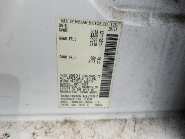 1N4BL4BW1KN302997 - 2019 NISSAN ALTIMA S 白色 照片 13