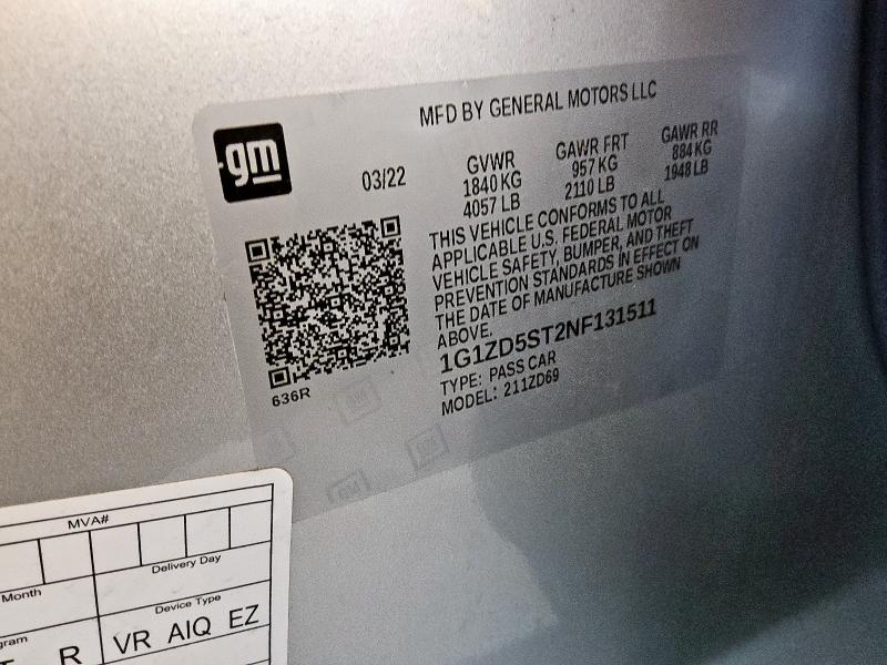 1G1ZD5ST2NF131511 - 2022 CHEVROLET MALIBU LT 银色 照片 12