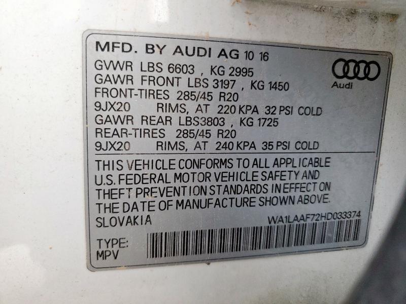 WA1LAAF72HD033374 - 2017 AUDI Q7 PREMIUM PLUS WHITE photo 13