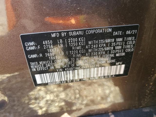 4S4BTAMC4N3110030 - 2022 SUBARU OUTBACK LI BROWN photo 13