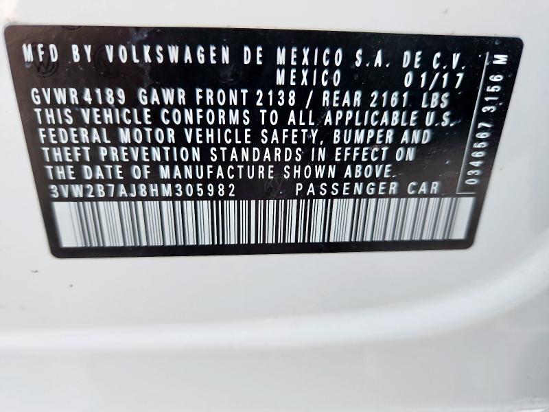 3VW2B7AJ8HM305982 - 2017 VOLKSWAGEN JETTA S WHITE photo 12