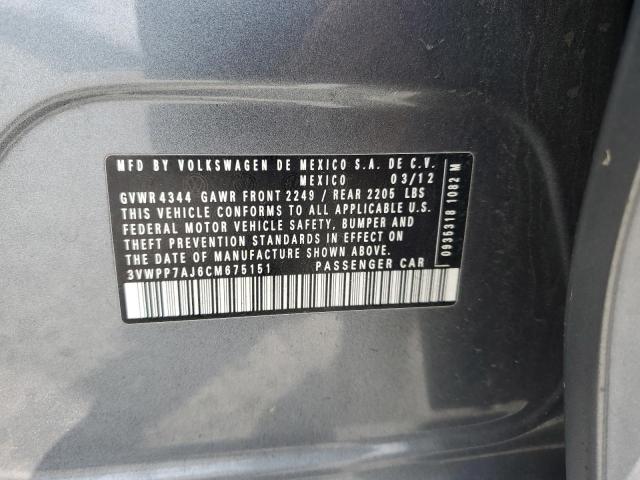 3VWPP7AJ6CM675151 - 2012 VOLKSWAGEN JETTA S GRAY photo 12