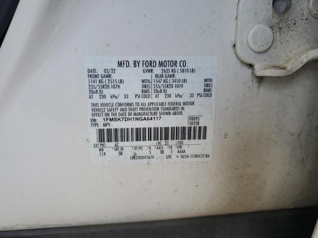 1FMSK7DH1NGA64117 - 2022 FORD EXPLORER XLT WHITE photo 12