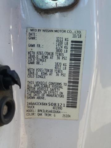 1N6AA1CK6KN508321 - 2019 NISSAN TITAN S Blanc photo 12