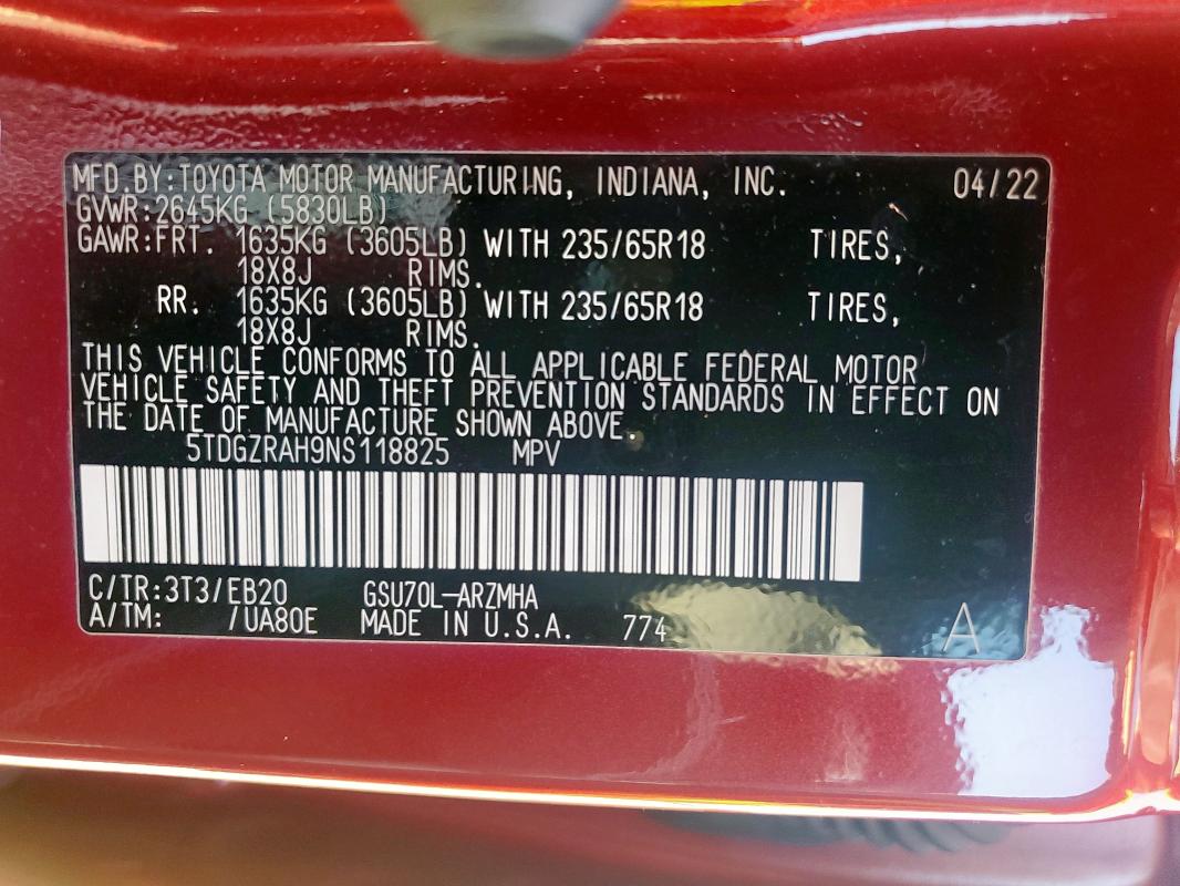 5TDGZRAH9NS118825 - 2022 TOYOTA HIGHLANDER XLE Qırmızı foto 13