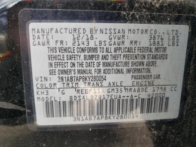 3N1AB7AP8KY280054 - 2019 NISSAN SENTRA S შავი ფოტო 12