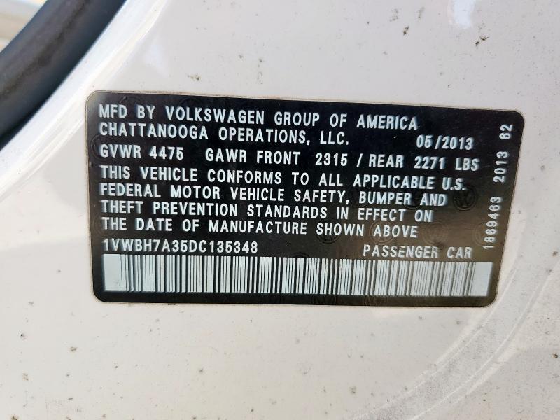 1VWBH7A35DC135348 - 2013 VOLKSWAGEN PASSAT SE WHITE photo 13