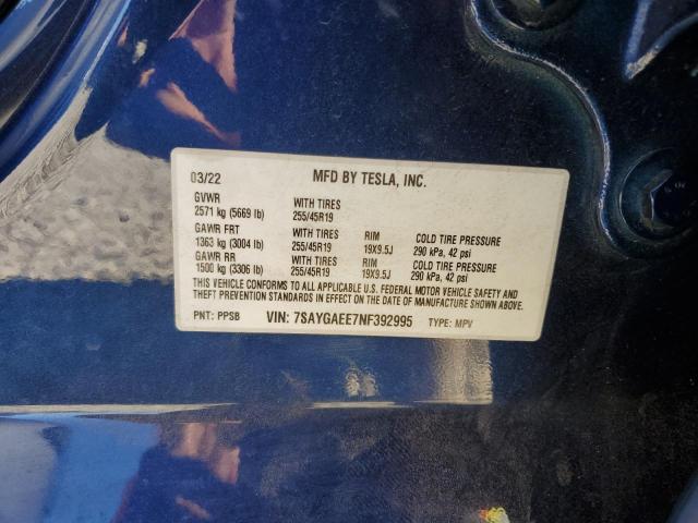 7SAYGAEE7NF392995 - 2022 TESLA MODEL Y ლურჯი ფოტო 12