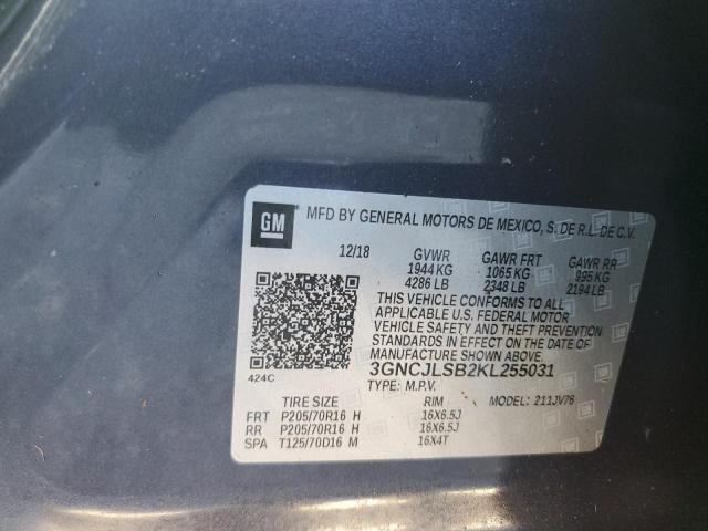 3GNCJLSB2KL255031 - 2019 CHEVROLET TRAX 1LT Көк фото 13