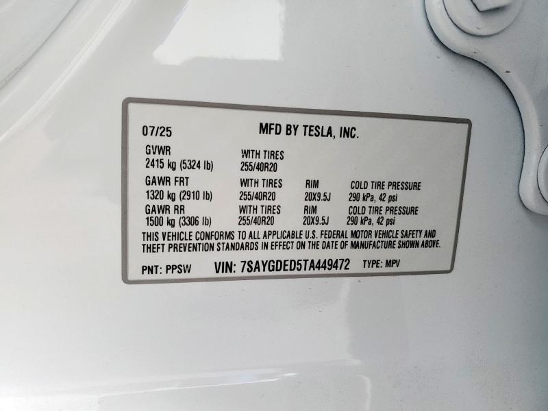7SAYGDED5TA449472 - 2026 TESLA MODEL Y WHITE photo 12