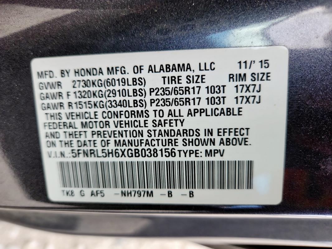 5FNRL5H6XGB038156 - 2016 HONDA ODYSSEY EXL GRAY photo 13