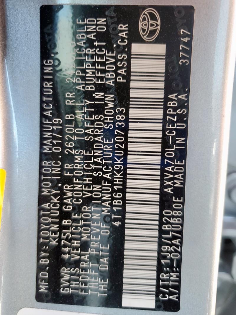 4T1B61HK9KU207383 - 2019 TOYOTA CAMRY XSE SILVER photo 12