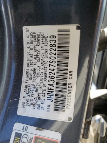JHMFA36247S022839 - 2007 HONDA CIVIC HYBRID GRAY photo 12