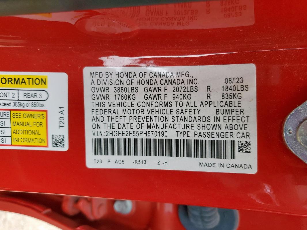 2HGFE2F55PH570190 - 2023 HONDA CIVIC SPORT Qırmızı foto 12