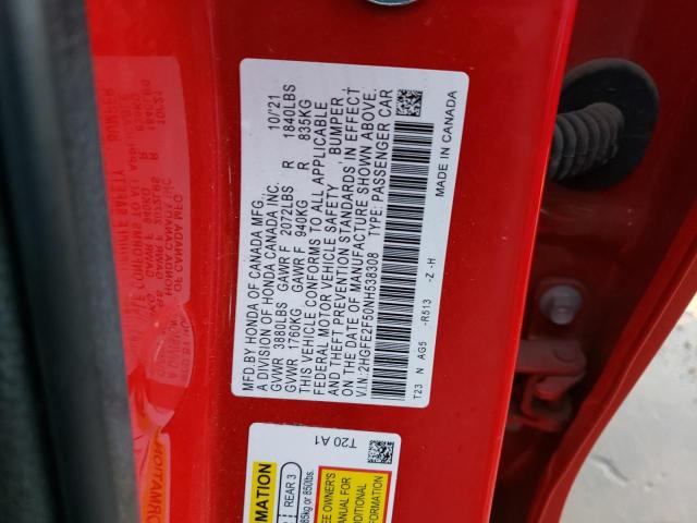 2HGFE2F50NH538308 - 2022 HONDA CIVIC SPORT 红色 照片 12