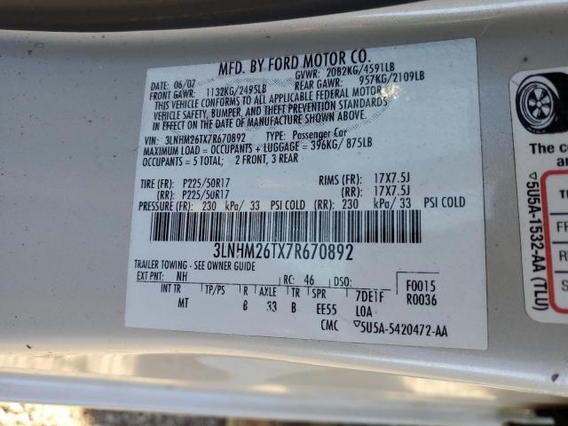 3LNHM26TX7R670892 - 2007 LINCOLN MKZ CREAM photo 12