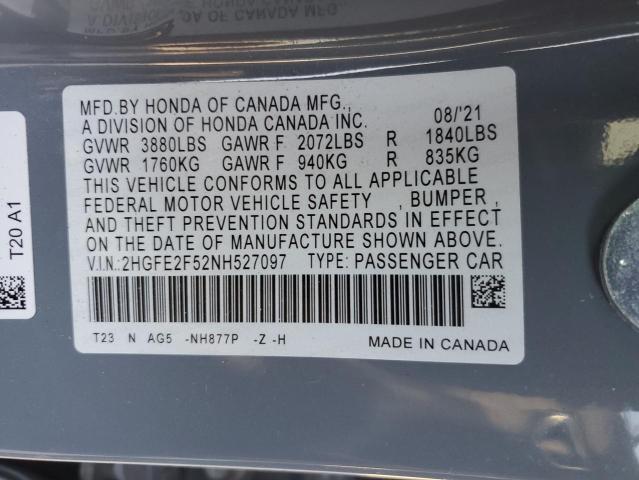 2HGFE2F52NH527097 - 2022 HONDA CIVIC SPORT 灰色 照片 12