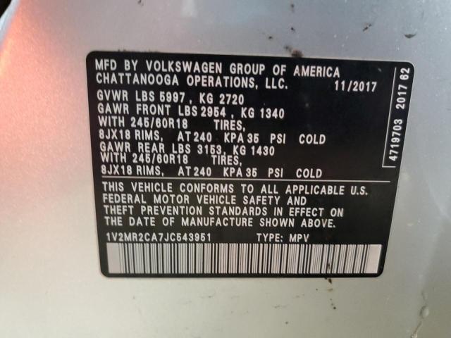 1V2MR2CA7JC543951 - 2018 VOLKSWAGEN ATLAS SEL SILVER photo 13