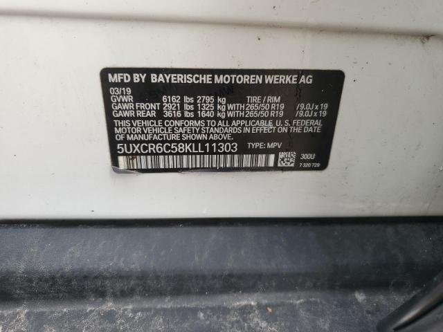 5UXCR6C58KLL11303 - 2019 BMW X5 XDRIVE40I WHITE photo 13