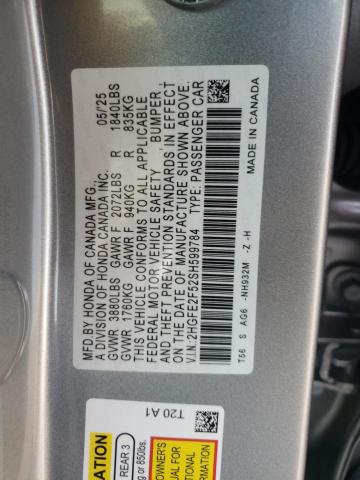 2HGFE2F52SH599784 - 2025 HONDA CIVIC SPORT SILVER photo 12
