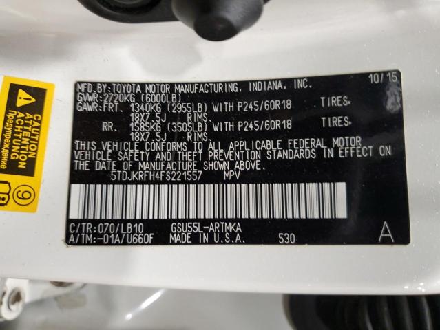 5TDJKRFH4FS221557 - 2015 TOYOTA HIGHLANDER XLE WHITE photo 13