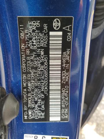 JTDKN3DU6B5308451 - 2011 TOYOTA PRIUS 蓝色 照片 12