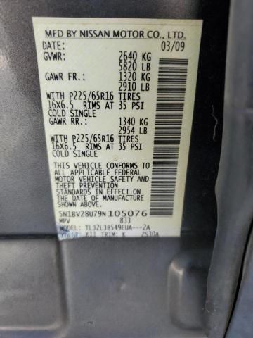 5N1BV28U79N105076 - 2009 NISSAN QUEST S GRAY photo 13