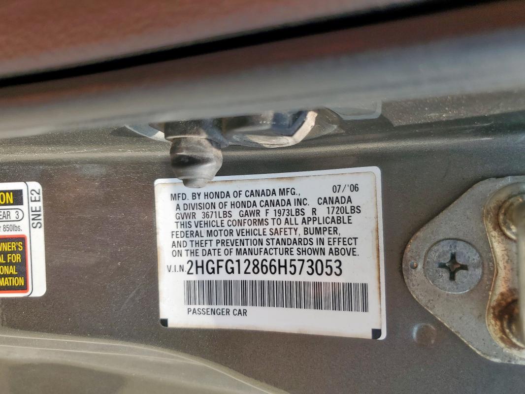 2HGFG12866H573053 - 2006 HONDA CIVIC EX GRAY photo 12