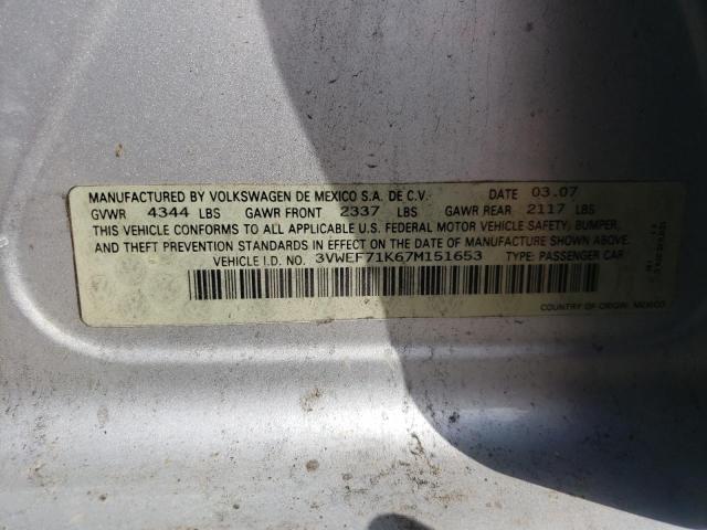 3VWEF71K67M151653 - 2007 VOLKSWAGEN JETTA WOLFSBURG 银色 照片 12