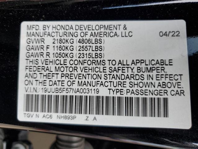 19UUB5F57NA003119 - 2022 ACURA TLX TECH A BLACK photo 13