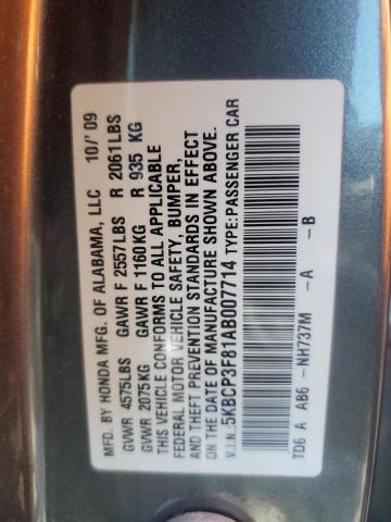5KBCP3F81AB007714 - 2010 HONDA ACCORD EXL GRAY photo 12