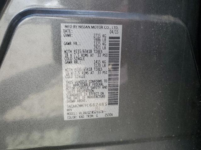 5N1AR2MM7FC662485 - 2015 NISSAN PATHFINDER S GRAY photo 13