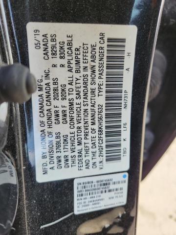 2HGFC2F68KH567632 - 2019 HONDA CIVIC LX 黑色 照片 12