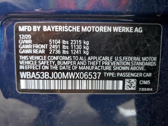 WBA53BJ00MWX06537 - 2021 BMW 540 I BLUE photo 12