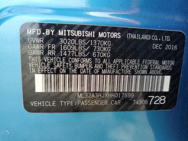 ML32A3HJXHH017599 - 2017 MITSUBISHI MIRAGE ES BLUE photo 12