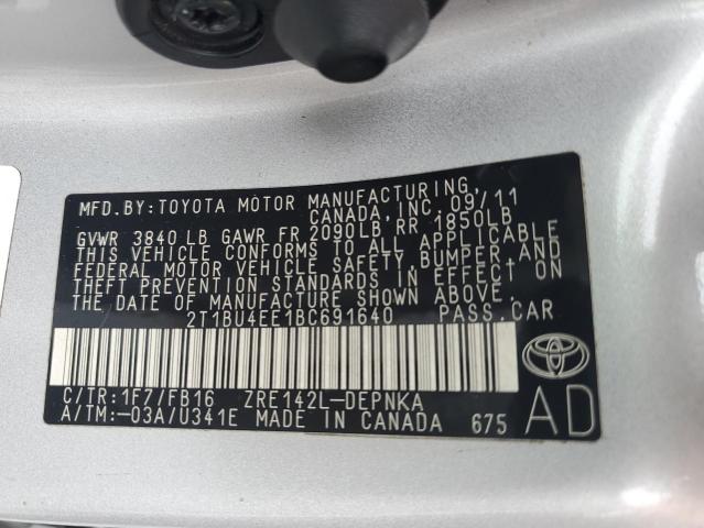 2T1BU4EE1BC691640 - 2011 TOYOTA COROLLA BASE Argent photo 12