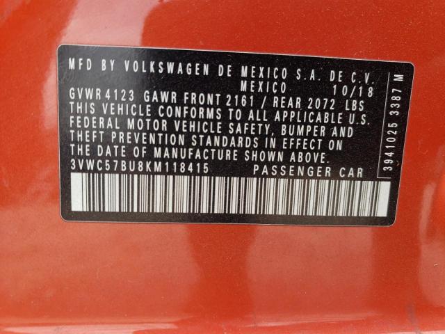 3VWC57BU8KM118415 - 2019 VOLKSWAGEN JETTA S ORANGE photo 12