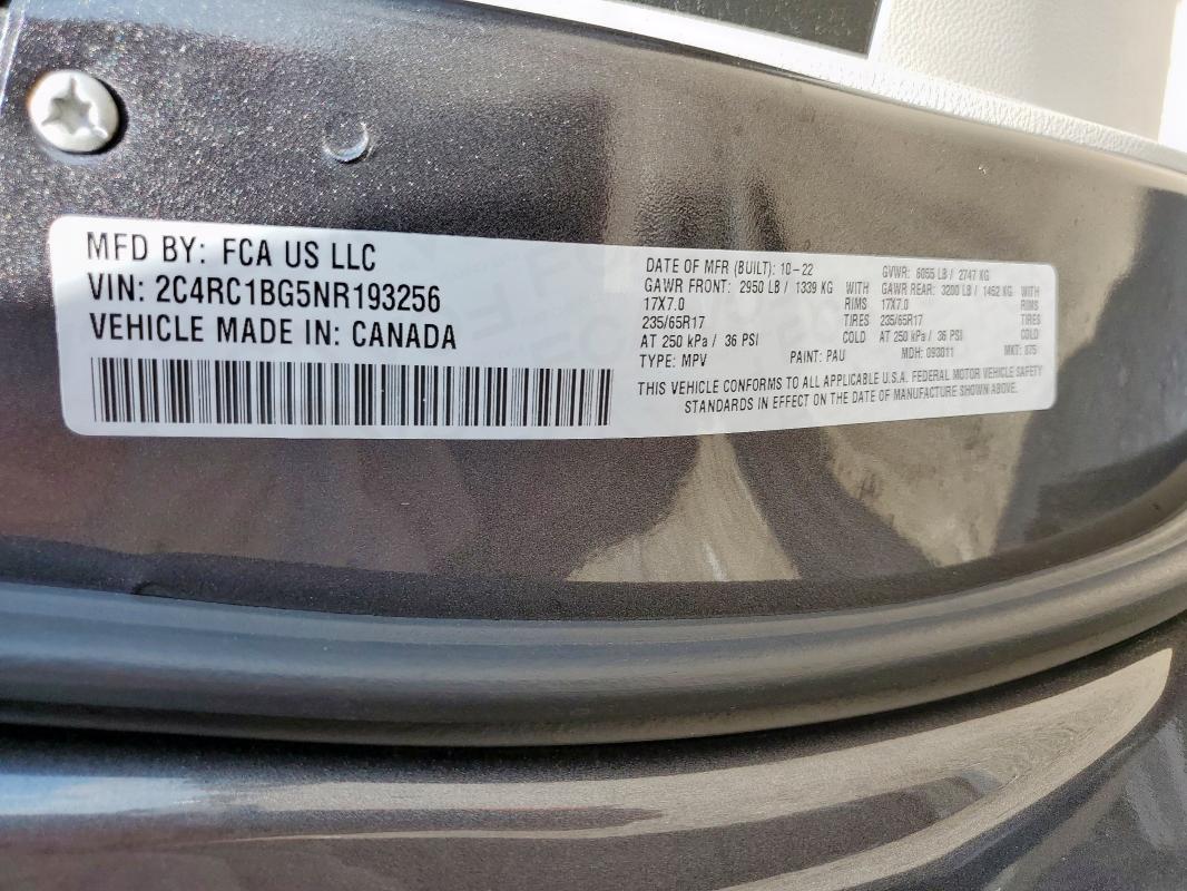 2C4RC1BG5NR193256 - 2022 CHRYSLER PACIFICA TOURING L ნაცრისფერი ფოტო 13